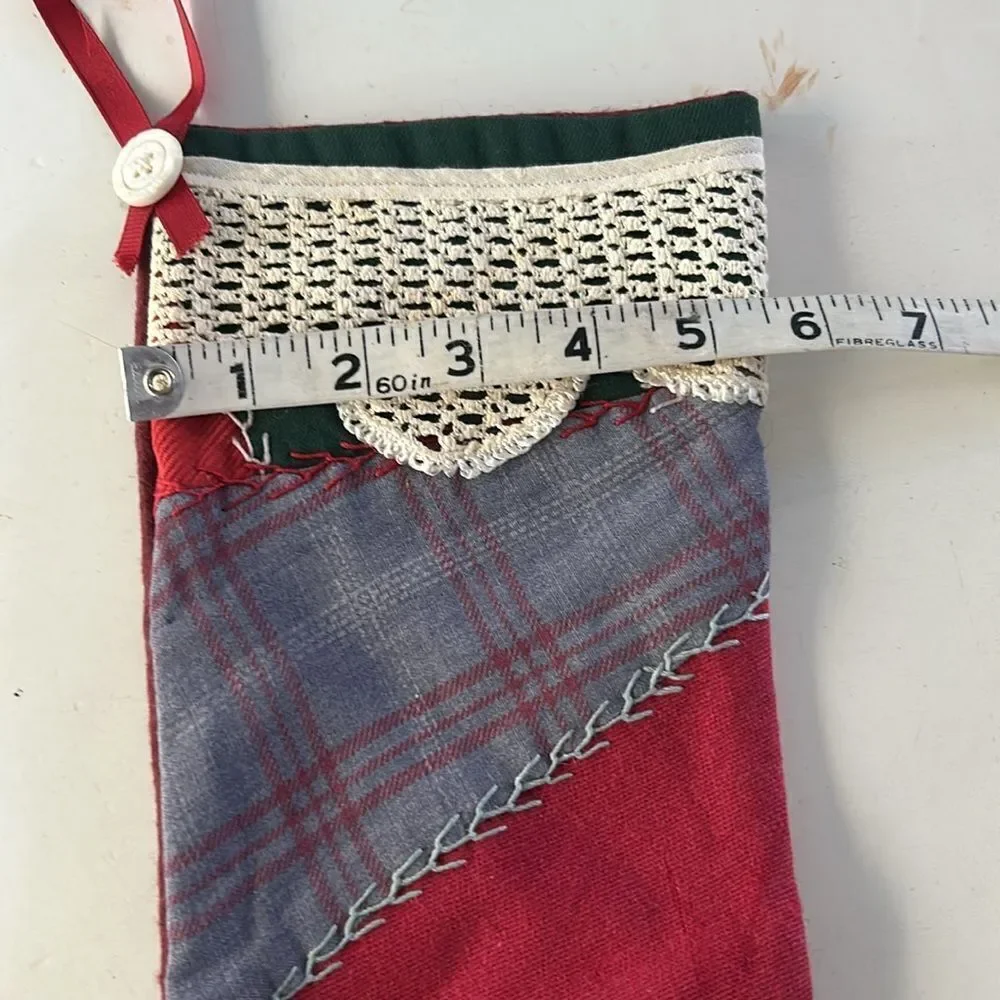 Two vintage handmade embroidered patchwork Christmas stockings